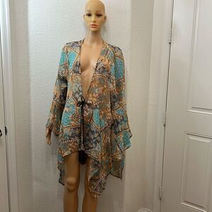 La Vayna 3X Top Scarf Floral Kaftan Silver Tassel Tie Hankerchief Hem Bell Sleev